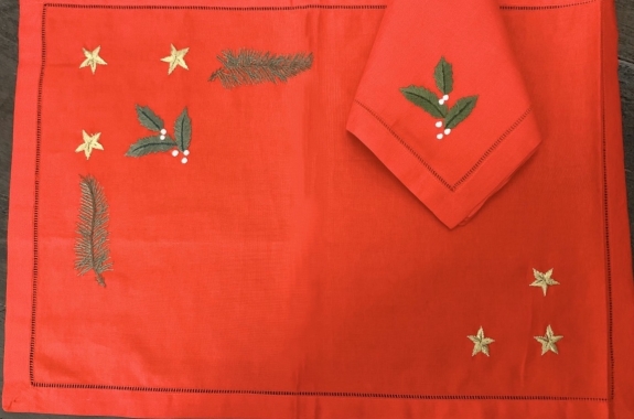 Christmas placemat & Napkin set-Pine leaf embroidery